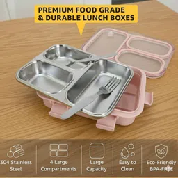 kello Stainless Steel 3 Compartment 750 ml Pink Girls Lunch Box with Spoon & Fork A27 3 Containers Lunch Box image 2