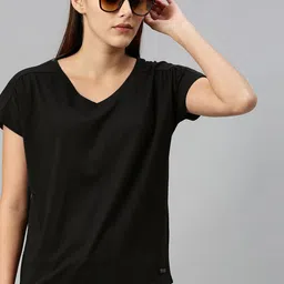 roadster Women Solid V Neck Pure Cotton Black T-Shirt-picture-41
