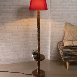 homesake Classic Round Mabel Black Finish Wooden Floor Lamp with Red Shade image 1