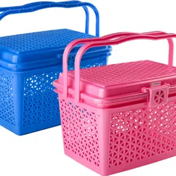 homestic Plastic Pack of 2 Multipurpose Small Storage Box with Lid & Handle | Pink & Blue Storage Basket-picture-23