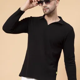 rigo Men Solid Polo Neck Pure Cotton Black T-Shirt-picture-15