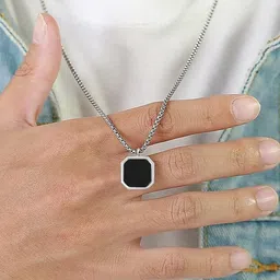 common etail Stylish Black Pendant Chain for Men | Silver Chain with Black Square Pendant Silver Chain Set image 2