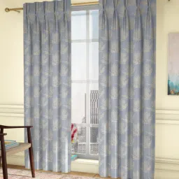 curtain label Blue Floral Poly Cotton 7 Ft Light Filtering Pinch Pleat Door Curtains (Set of 2)-picture-12