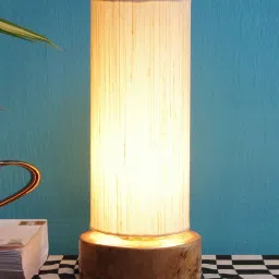 new era Smokey Khadi Cotton Shade Table Lamp With Wood Base image 1