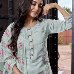 royal export Women Chanderi Kurta Pant Dupatta Set image 3