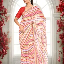 jayu Digital Print, Embroidered, Printed, Striped Bollywood Georgette Saree image 3