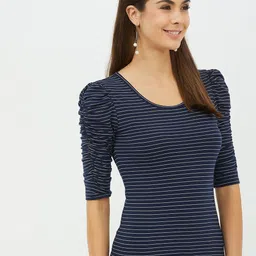harpa basics Women Striped Round Neck Pure Cotton Blue T-Shirt image 3