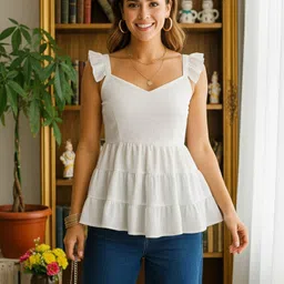 Party Ruffled Sleeves Solid Women White Top-image-18