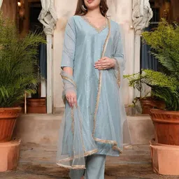 laxmichhaya Women Chanderi Kurta Pant Attached Dupatta Set-picture-44