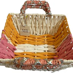 market retail Decorative Woven Storage Basket, Set of 2,Multipurpose Basket with Handles Iron, Paper Fruit & Vegetable Basket image 3