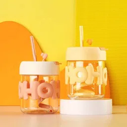 giggles world Cute Dual-Lid Glass Tumbler Sipper & Straw, Leak/Cold Drink Cup 1 Pcs Glass Tumbler image 2