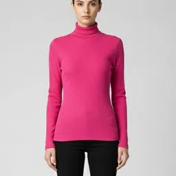 elistyles Women Self Design Turtle Neck Cotton Blend Pink T-Shirt-picture-47