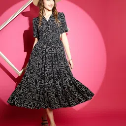 honky tonky Women Fit and Flare Black, White Midi/Calf Length Dress-picture-30
