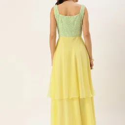 Ethnovog YellowGreen Embroidered Square Neck Layered Made To Measure Georgette Gown image 2