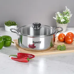 sumeet CookSmart TriPly teel-Aluminum-Steel Casserole With Glass Lid-22Cm,Silver Pack of 2 Cook and Serve Casserole-picture-10