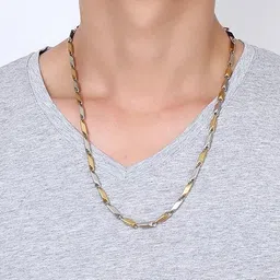 thrillz Two Tone Golden Silver Mens Chain Jewellery for boys Rice Design 22 Inches Stainless Steel Chain image 4