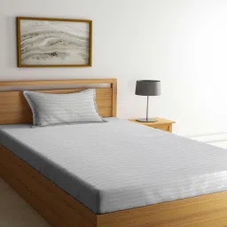 arrabi Grey Striped 300 TC Cotton Blend Single Bedsheet with 1 Pillow Cover image 1