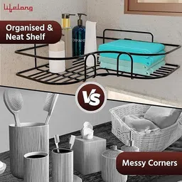 crazygol Self-Adhesive Metal Bathroom Corner Rack Storage Shelves, Bathroom Storage Rack Corner, Bathroom Corner Shelf Organizer Storage, Bathroom Shelf/Shelves Corner - Black (Black) Pack Of 1 Pic Stainless Steel Wall Shelf image 3