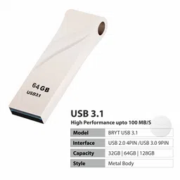 BRYT Metal Body Flash Drive USB 3.1 High-Speed Type A With 10 Years Warranty 64 GB Pen Drive Compatible with Audio Player, Desktop Computer, Gaming Console, Laptop, Mobile, Netbook, Tablet, Television USB 3.1 Metal Case image 5