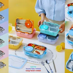 correct finds 3 Compartment Stainless Steel Lunch Box 750ml with Fork, Spoon & Chopsticks 1 Containers Lunch Box image 4