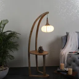 sapphire Voila White Iron Shade Shelf Floor Lamp With Wood Base image 1