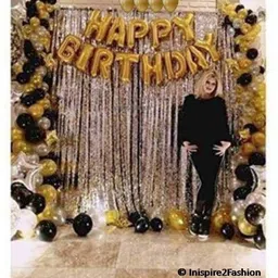 Solid Happy Birthday decoration (36 combo pak) Happy Birthday Golden foil banner balloons (13 foil latter 1 pak) / 2 Pcs silver Metallic Fringe Shiny Curtains /21 Pcs latex Metallic balloons for decoration.(pak of 36) Letter Balloon-image-2