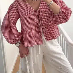 quintessentials Casual Puff Sleeves Checkered Women Red, White Top-picture-15