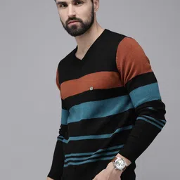 roadster Men Colorblock V Neck Black Sweater-picture-19
