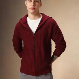 dennis lingo Men Solid Hooded Neck Maroon Sweater-picture-28