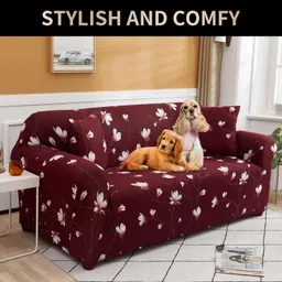 house of quirk Double Seater Sofa Cover Slipcover - (Double Seater, Wine Floral) Sofa Fabric image 3