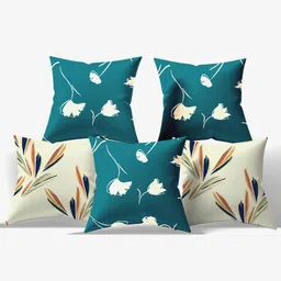 studiohmk Teal & Cream Floral Cotton 18 x 18 Inches Cushion Covers (Set of 5) image 2