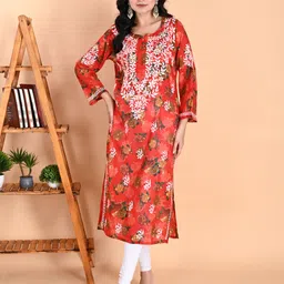 Women Floral Print, Chikan Embroidery Cotton Blend Straight Kurta-image-10