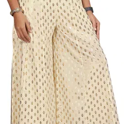 anti wrinkle designer Women Flared Cream Viscose Rayon Trousers image 1