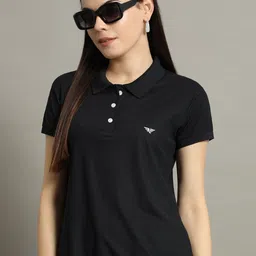 xyris Women Solid Polo Neck Cotton Blend Black T-Shirt-picture-12