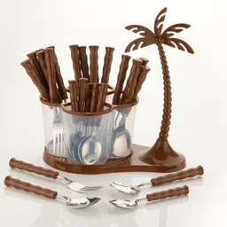 Customers 1st Choice 24 pcs Revolving Coconut Cutlery Set,Spoon Set With Stand(Brown) Stainless Steel, Plastic Cutlery Set-image-46
