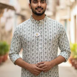 maansri Men Printed, Geometric Print Cotton Rayon Straight Kurta image 4