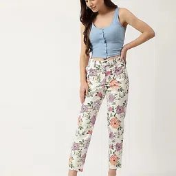 marks & spencer Women Slim Fit Beige Cotton Blend Trousers image 1