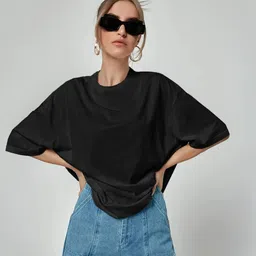 kotty Women Solid Round Neck Cotton Blend Black T-Shirt-picture-15