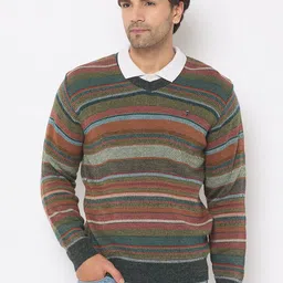 duke Men Striped V Neck Multicolor Sweater image 1
