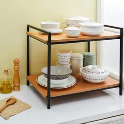 r2h gallery Containers Kitchen Rack 4-Tier Kitchen Storage Shelf Rack,Microwave Cart Coffee Bar Stand Rack Wood, Cast Iron image 1