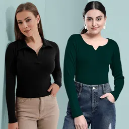navyankaa Pack of 2 Casual Regular Sleeves Solid Women Dark Green Top image 1