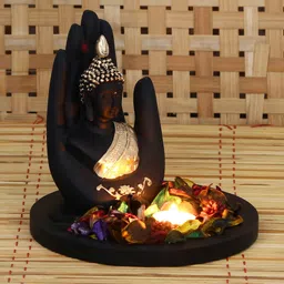 flipkart smartbuy Golden Palm Buddha Showpiece with Wooden Base, Fragranced Petals and Tealight Decorative Showpiece - 17.5 cm-picture-18