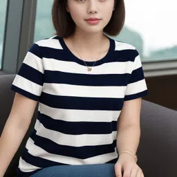 Women Striped Round Neck Cotton Blend Blue, White T-Shirt-image-0