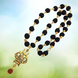 leahyallen Rudraksha mala Original Panchmukhi Rudraksh Mala Silver plated wood chain Gold-plated Beads Brass, Wood Locket Set-picture-23