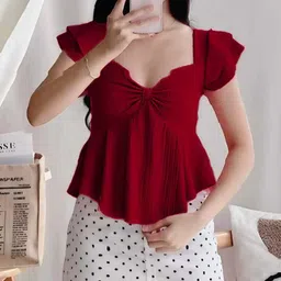 razaxpress Casual Puff Sleeves Solid Women Maroon Top image 3