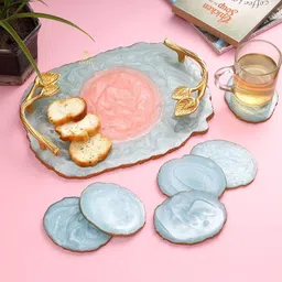 duli Resin Serving Tray with 6 Coasters Set for Home & Kitchen Decor Aqua-Pink Tray-picture-12