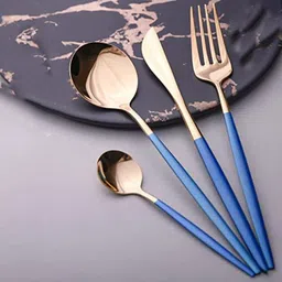 kitchease Premium Golden Dinnerware Flatware Set | Dinner Knife/Fork/Spoon Blue Handle Stainless Steel Cutlery Set image 2