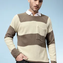 glitchez Men Striped Round Neck Beige Sweater-picture-12