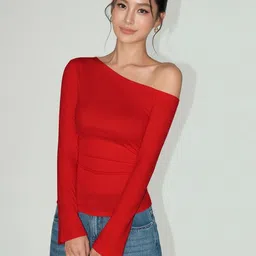 quintessentials Casual One Shoulder Sleeves Solid Women Red Top image 2