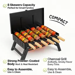 brightberg SMALL Size Foldable Barbeque Grill Set Tong, 8 Skewers,1Grill,1Glove, &1CHARCOAL Electric Tandoor image 4